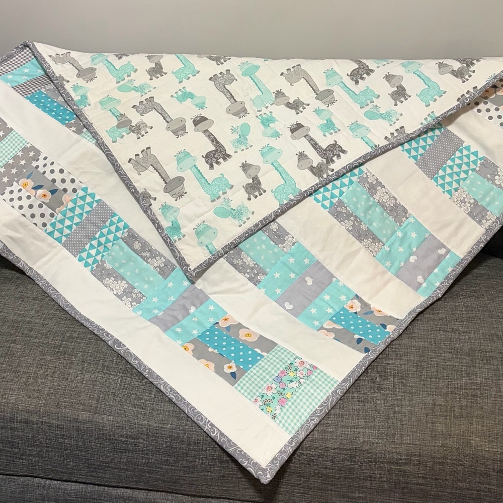 Elegant Patchwork Baby Quilt in Teal and Gray